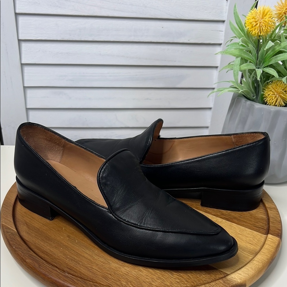 EMMA GO Black Almond Toe Slip On Minimalist Leather Loafer  Designer Sz. 38